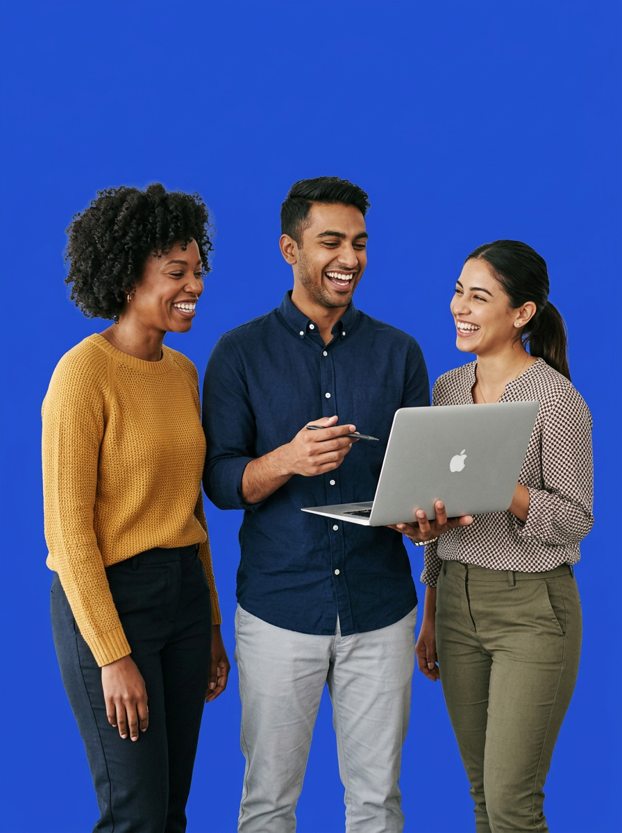 A small team collaborating around a laptop